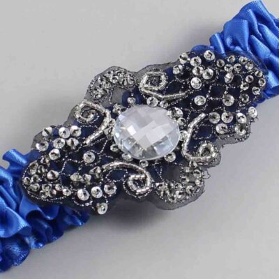 Royal Blue Satin with Black Wedding Garter / Blue Wedding Garters / Bijou # (350-350)-01-A02-Black