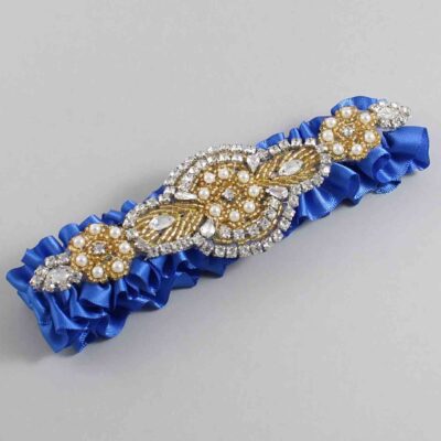 Royal Blue Satin with Gold Wedding Garter / Blue Wedding Garters / Charlotte # (350-350)-01-A05-Gold