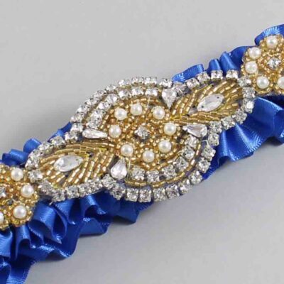 Royal Blue Satin with Gold Wedding Garter / Blue Wedding Garters / Charlotte # (350-350)-01-A05-Gold