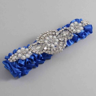 Royal Blue Satin Wedding Garter / Solid Blue Wedding Garters / Charlotte # (350-350)-01-A06-Silver