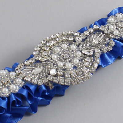 Royal Blue Satin Wedding Garter / Solid Blue Wedding Garters / Charlotte # (350-350)-01-A06-Silver