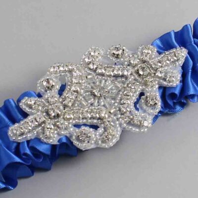 Royal Blue Satin Wedding Garter / Solid Blue Wedding Garters / Heather # (350-350)-01-A07-Silver