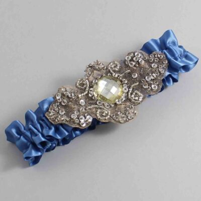 Smoke Blue Satin with Brown Wedding Garter / Blue Wedding Garters / Bijou # (363-363)-01-A01-Antique