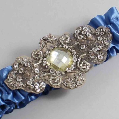 Smoke Blue Satin with Brown Wedding Garter / Blue Wedding Garters / Bijou # (363-363)-01-A01-Antique