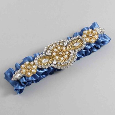 Smoke Blue Satin with Gold Wedding Garter / Blue Wedding Garters / Charlotte # (363-363)-01-A05-Gold
