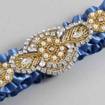 Smoke Blue Satin with Gold Wedding Garter / Blue Wedding Garters / Charlotte # (363-363)-01-A05-Gold