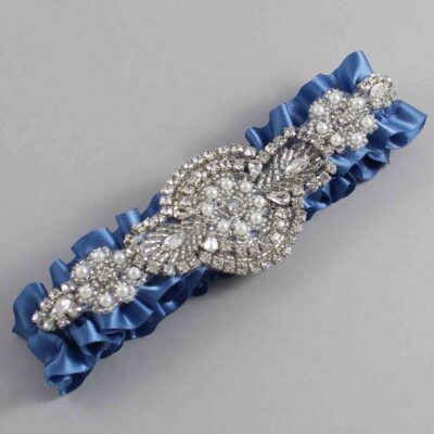 Smoke Blue Satin Wedding Garter / Solid Blue Wedding Garters / Charlotte # (363-363)-01-A06-Silver