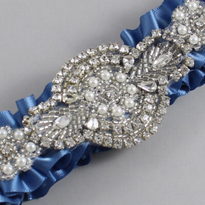 Smoke Blue Satin Wedding Garter / Solid Blue Wedding Garters / Charlotte # (363-363)-01-A06-Silver