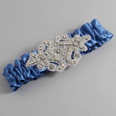 Smoke Blue Satin Wedding Garter / Solid Blue Wedding Garters / Heather # (363-363)-01-A07-Silver