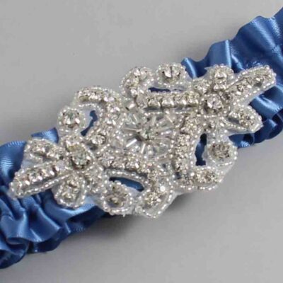 Smoke Blue Satin Wedding Garter / Solid Blue Wedding Garters / Heather # (363-363)-01-A07-Silver