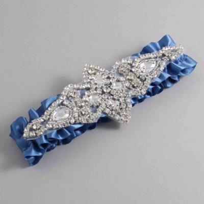 Smoke Blue Satin Wedding Garter / Solid Blue Wedding Garters / Lorine # (363-363)-01-A09-Silver