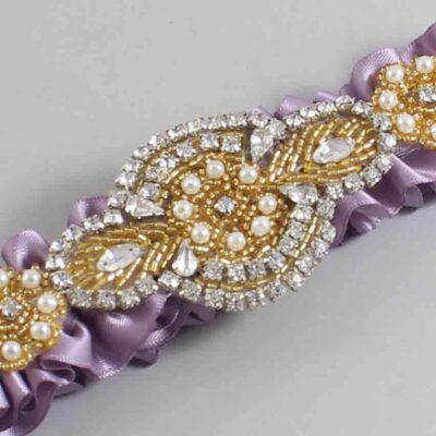 Fresco Satin with Gold Wedding Garter / Purple Wedding Garters / Charlotte # (434-434)-01-A05-Gold