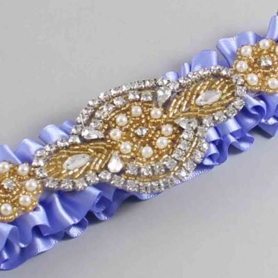 Iris Satin with Gold Wedding Garter / Purple Wedding Garters / Charlotte # (447-447)-01-A05-Gold