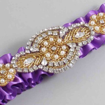 Grape Satin with Gold Wedding Garter / Purple Wedding Garters / Charlotte # (463-463)-01-A05-Gold