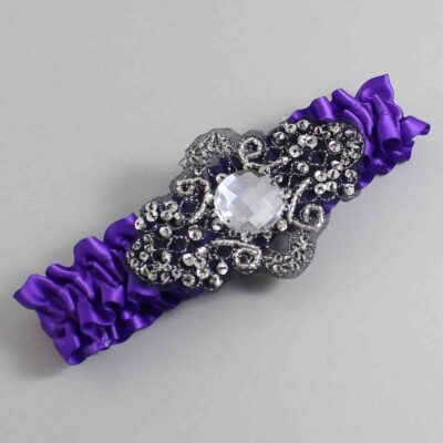 Eggplant Satin with Black Wedding Garter / Purple Wedding Garters / Bijou # (465-465)-01-A02-Black