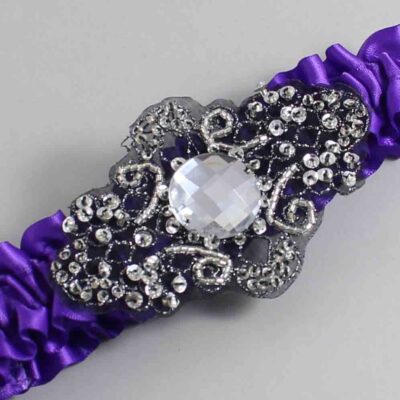 Eggplant Satin with Black Wedding Garter / Purple Wedding Garters / Bijou # (465-465)-01-A02-Black