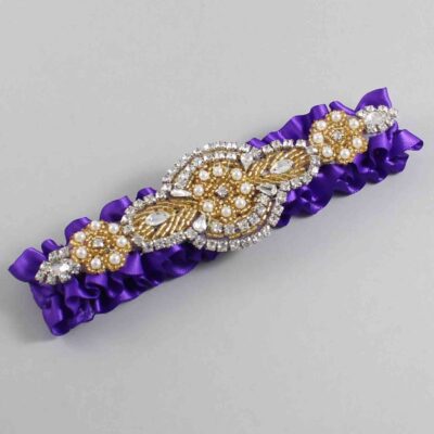 Eggplant Satin with Gold Wedding Garter / Purple Wedding Garters / Charlotte # (465-465)-01-A05-Gold