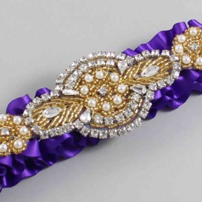 Eggplant Satin with Gold Wedding Garter / Purple Wedding Garters / Charlotte # (465-465)-01-A05-Gold