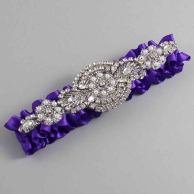 Eggplant Satin Wedding Garter / Solid Purple Wedding Garters / Charlotte # (465-465)-01-A06-Silver