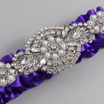 Eggplant Satin Wedding Garter / Solid Purple Wedding Garters / Charlotte # (465-465)-01-A06-Silver