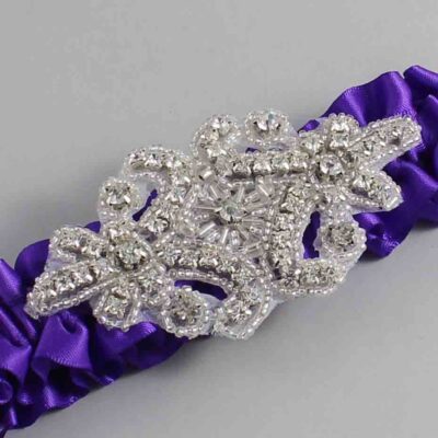 Eggplant Satin Wedding Garter / Solid Purple Wedding Garters / Heather # (465-465)-01-A07-Silver