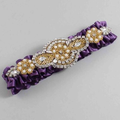 Amethyst Satin with Gold Wedding Garter / Purple Wedding Garters / Charlotte # (473-473)-01-A05-Gold