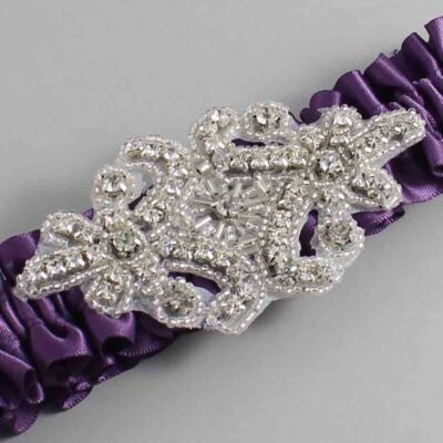 Amethyst Satin Wedding Garter / Solid Purple Wedding Garters / Heather # (473-473)-01-A07-Silver