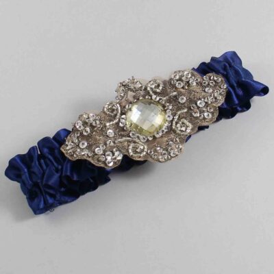 Navy Blue Satin with Brown Wedding Garter / Blue Wedding Garters / Bijou # (508-508)-01-A01-Antique