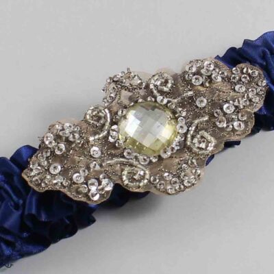 Navy Blue Satin with Brown Wedding Garter / Blue Wedding Garters / Bijou # (508-508)-01-A01-Antique