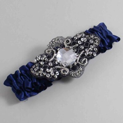 Navy Blue Satin with Black Wedding Garter / Blue Wedding Garters / Bijou # (508-508)-01-A02-Black
