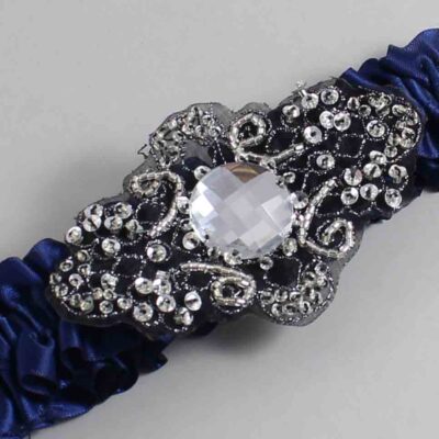 Navy Blue Satin with Black Wedding Garter / Blue Wedding Garters / Bijou # (508-508)-01-A02-Black