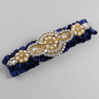 Navy Blue Satin with Gold Wedding Garter / Blue Wedding Garters / Charlotte # (508-508)-01-A05-Gold