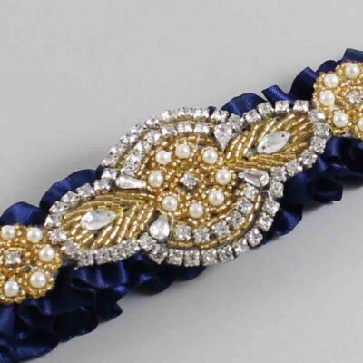 Navy Blue Satin with Gold Wedding Garter / Blue Wedding Garters / Charlotte # (508-508)-01-A05-Gold