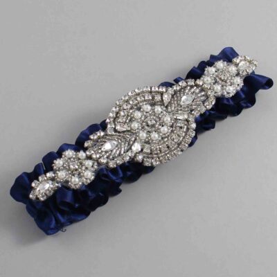 Navy Blue Satin Wedding Garter / Solid Blue Wedding Garters / Charlotte # (508-508)-01-A06-Silver
