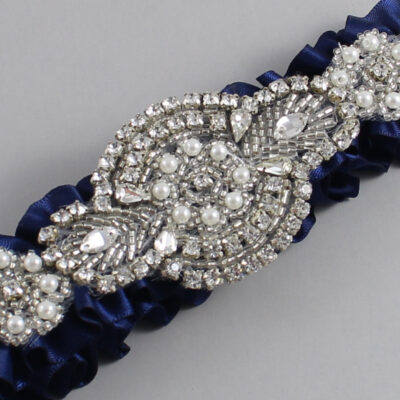 Navy Blue Satin Wedding Garter / Solid Blue Wedding Garters / Charlotte # (508-508)-01-A06-Silver