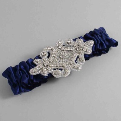 Navy Blue Satin Wedding Garter / Solid Blue Wedding Garters / Heather # (508-508)-01-A07-Silver