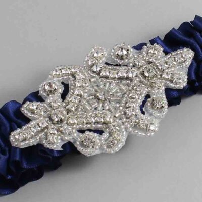 Navy Blue Satin Wedding Garter / Solid Blue Wedding Garters / Heather # (508-508)-01-A07-Silver
