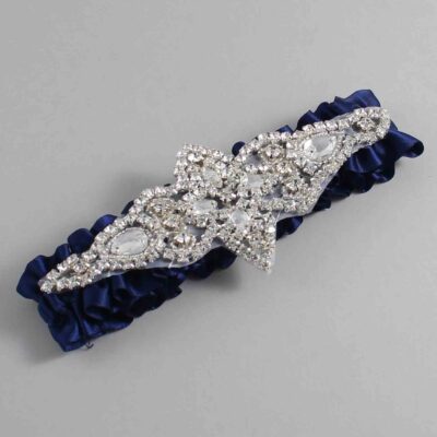 Navy Blue Satin Wedding Garter / Solid Blue Wedding Garters / Lorine # (508-508)-01-A09-Silver