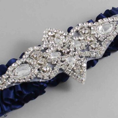 Navy Blue Satin Wedding Garter / Solid Blue Wedding Garters / Lorine # (508-508)-01-A09-Silver