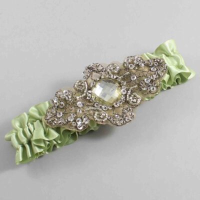 Lime Juice Satin with Brown Wedding Garter / Green Wedding Garters / Bijou # (524-524)-01-A01-Antique
