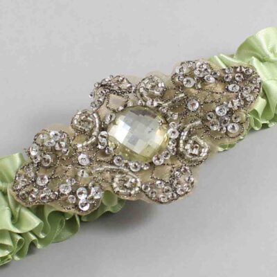 Lime Juice Satin with Brown Wedding Garter / Green Wedding Garters / Bijou # (524-524)-01-A01-Antique