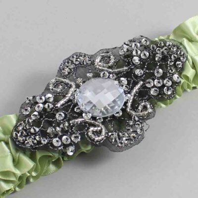 Lime Juice Satin with Black Wedding Garter / Green Wedding Garters / Bijou # (524-524)-01-A02-Black