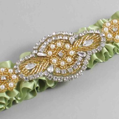 Lime Juice Satin with Gold Wedding Garter / Green Wedding Garters / Charlotte # (524-524)-01-A05-Gold