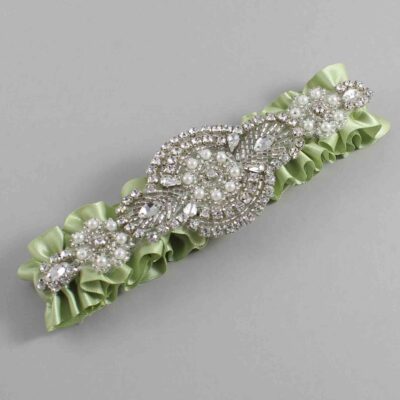 Lime Juice Satin Wedding Garter / Solid Green Wedding Garters / Charlotte # (524-524)-01-A06-Silver