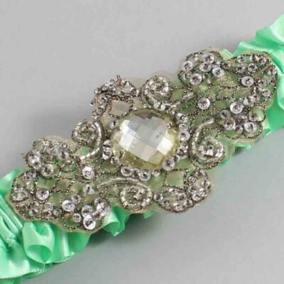 Mint Satin with Brown Wedding Garter / Green Wedding Garters / Bijou # (531-531)-01-A01-Antique