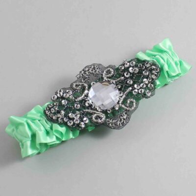 Mint Satin with Black Wedding Garter / Green Wedding Garters / Bijou # (531-531)-01-A02-Black
