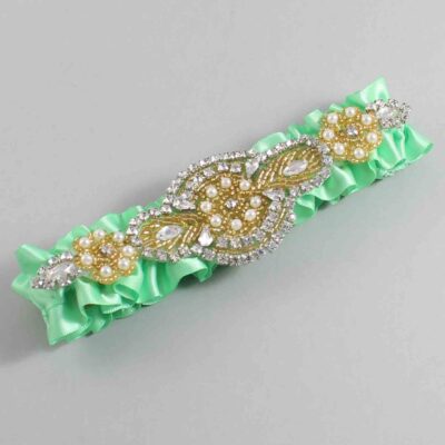 Mint Satin with Gold Wedding Garter / Green Wedding Garters / Charlotte # (531-531)-01-A05-Gold
