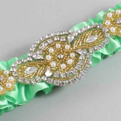 Mint Satin with Gold Wedding Garter / Green Wedding Garters / Charlotte # (531-531)-01-A05-Gold