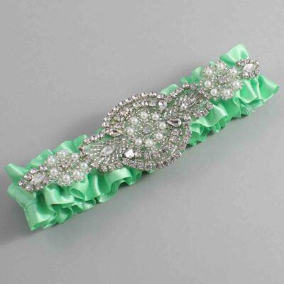 Mint Satin Wedding Garter / Solid Green Wedding Garters / Charlotte # (531-531)-01-A06-Silver