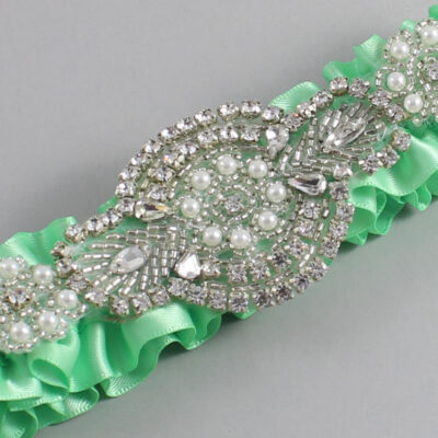 Mint Satin Wedding Garter / Solid Green Wedding Garters / Charlotte # (531-531)-01-A06-Silver